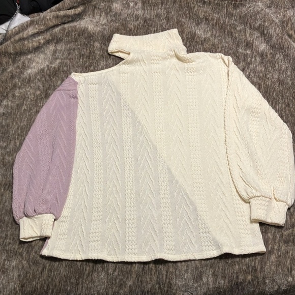 Macaron Light-Weight Textured Color Block Sweater One Cold Shoulder - Picture 4 of 5